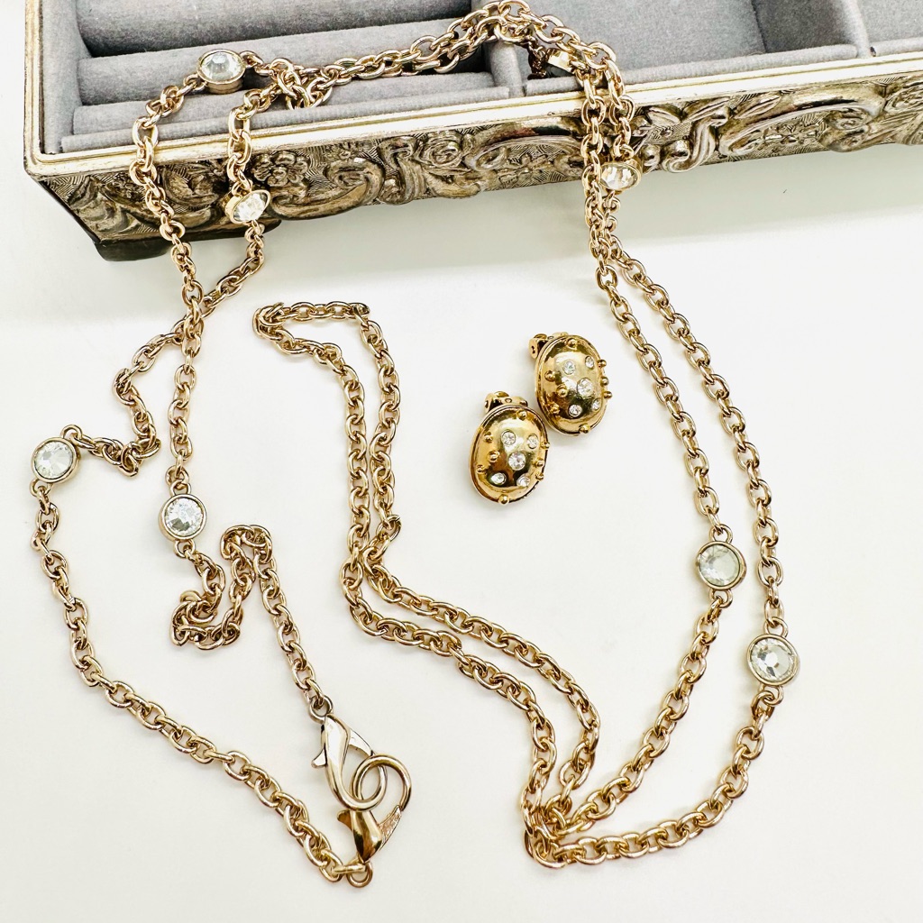Vintage Rhinestone Modernist Earrings & Crystal Necklace